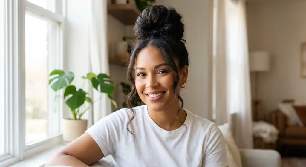 voluminous topknot face slimming hairstyle for chubby cheeks