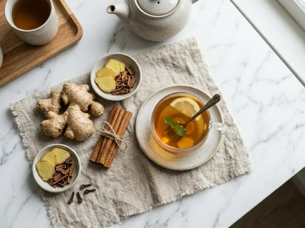 Fresh ginger and cinnamon tea on a marble table, showing natural ways to improve circulation and warmth.