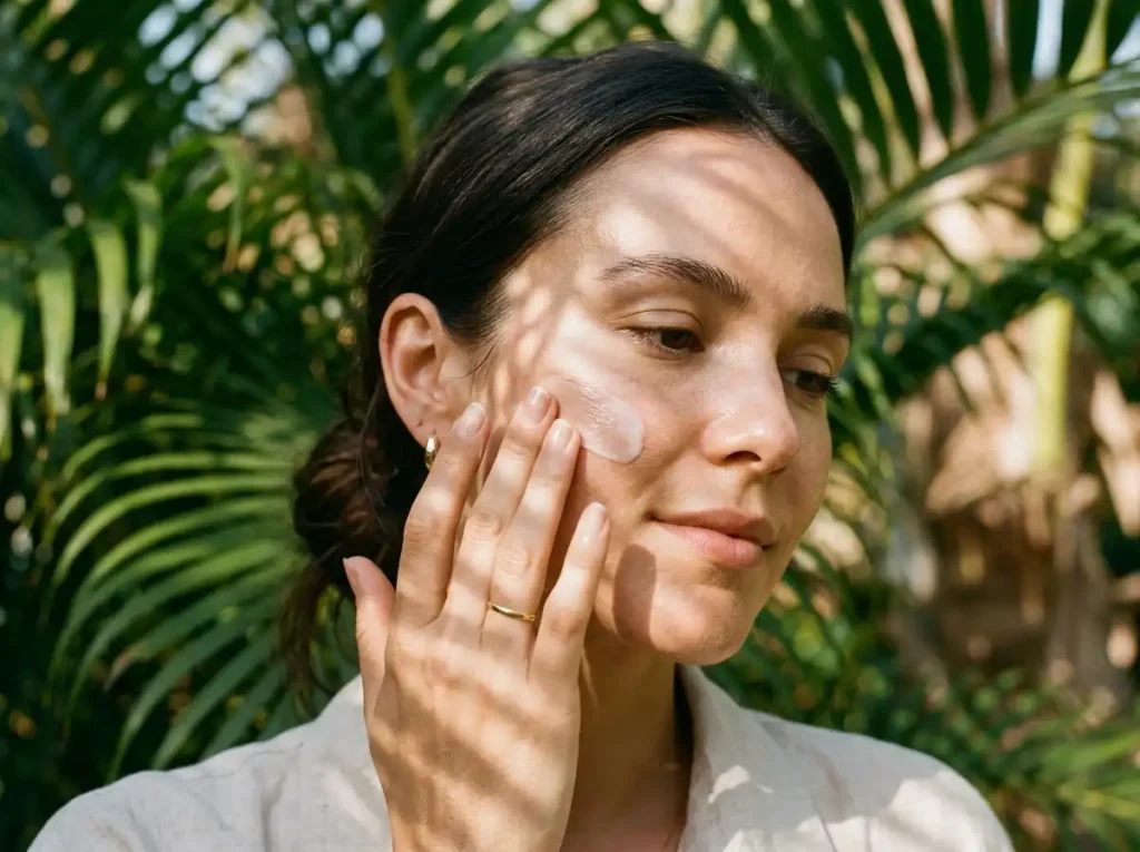 Applying sunscreen to protect skin texture from environmental damage and UV rays.