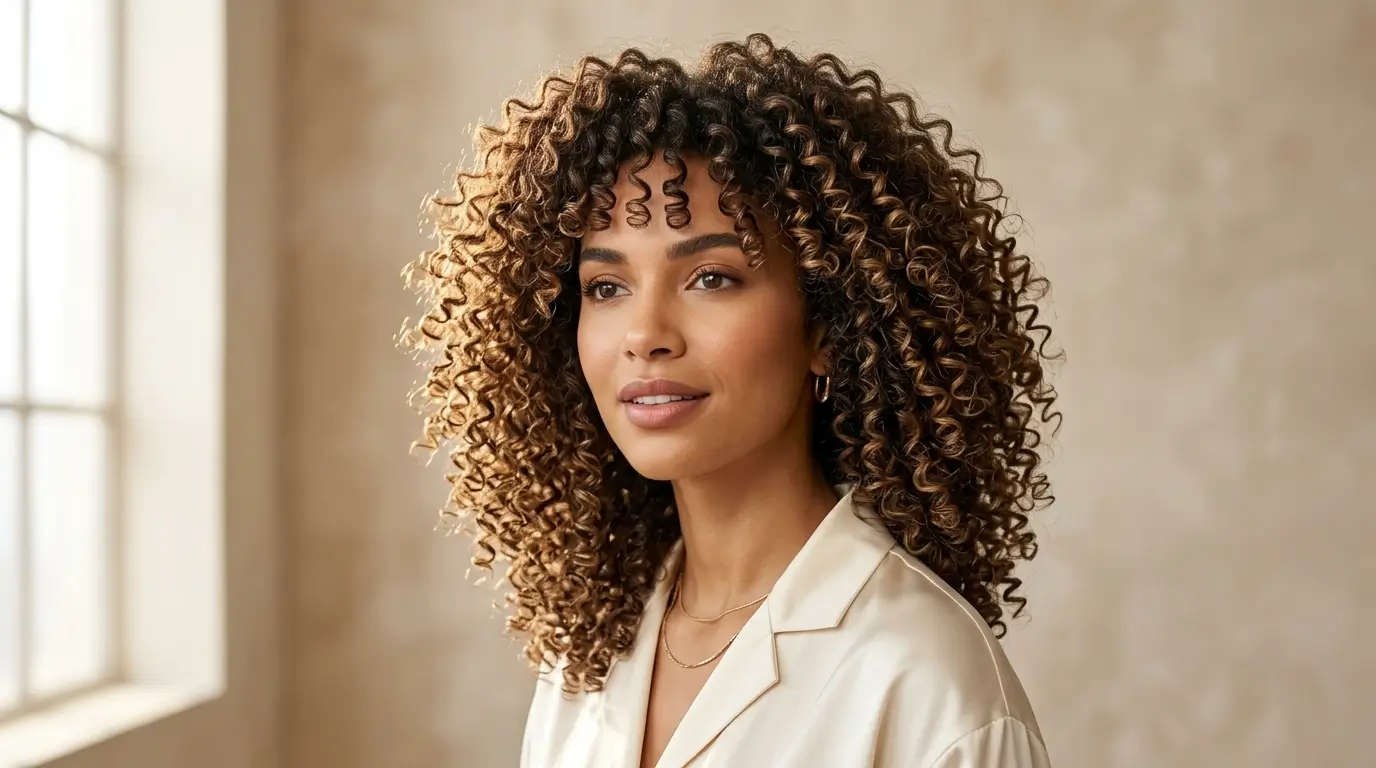 Young woman showcasing voluminous and defined 3B hair curls with natural shine