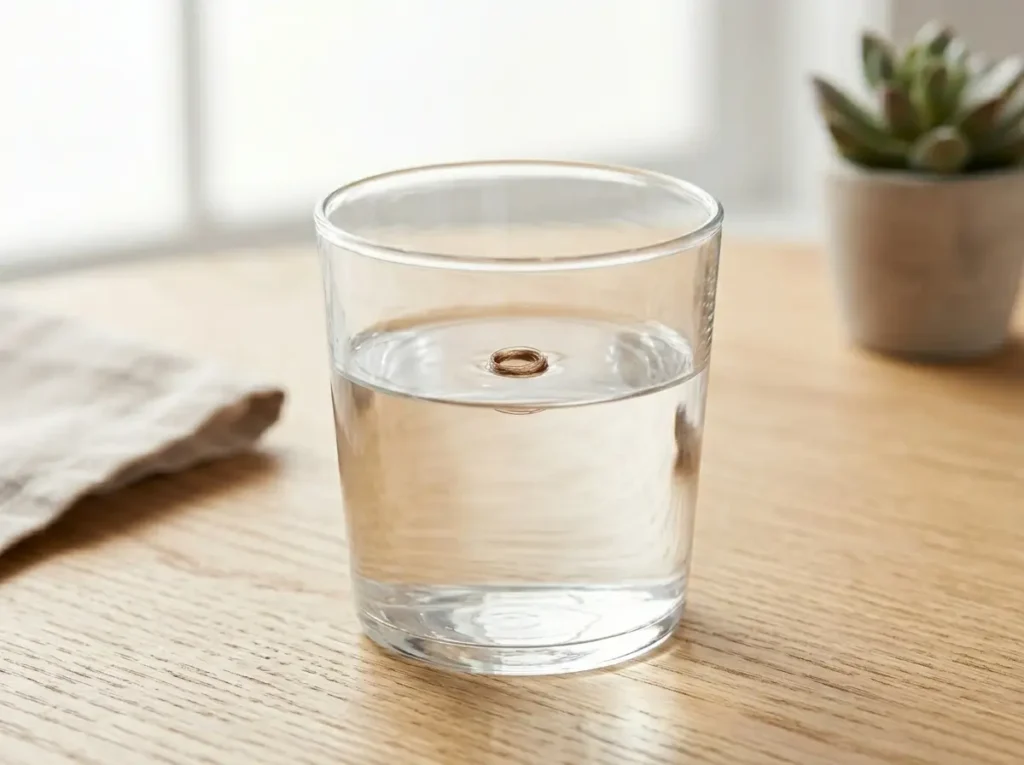 A curly hair strand floating in a glass of water to test 3B hair porosity levels