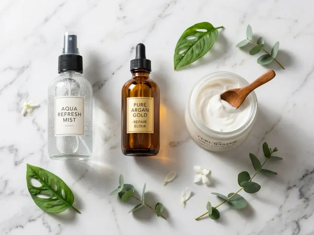 Hair care products for the LOC method including oil and cream for 3B hair moisture