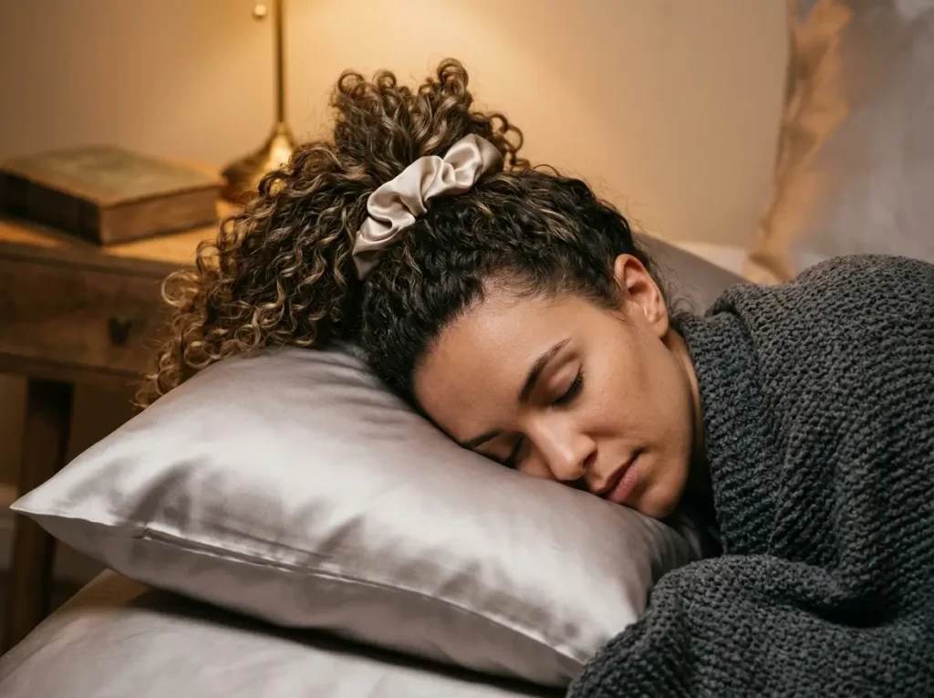 Protecting 3B hair at night using the pineapple hairstyle and a silk pillowcase to prevent frizz