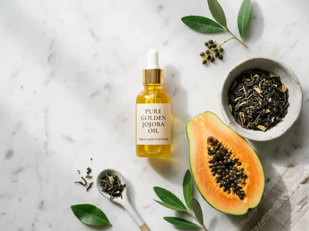 Natural ingredients like jojoba oil and papaya enzymes for skin