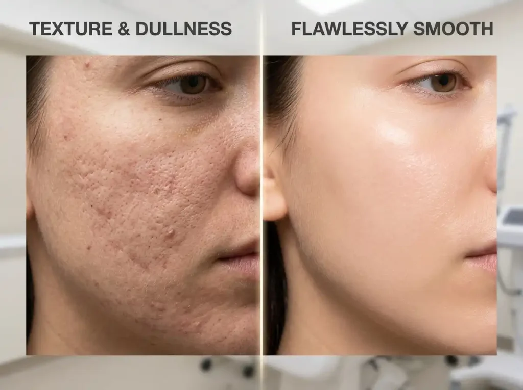 Visual comparison between bumpy facial skin and smooth skin texture.