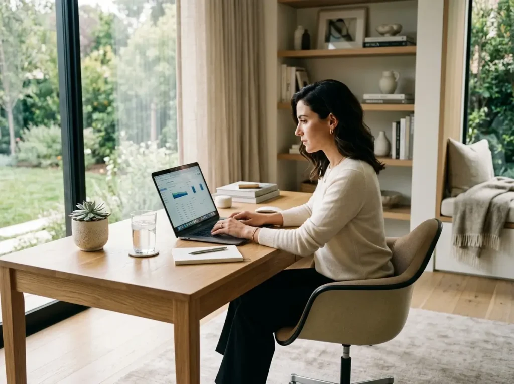 A focused woman working in a modern office, illustrating how mental workload affects body temperature.