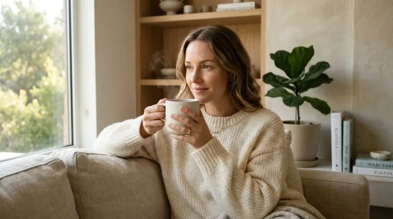 Professional lifestyle photo of a woman in a beige sweater holding a warm drink, representing the cold nose warm heart concept.