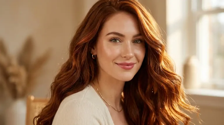 Woman with rich auburn hair color showing reddish brown tones and copper highlights in natural light