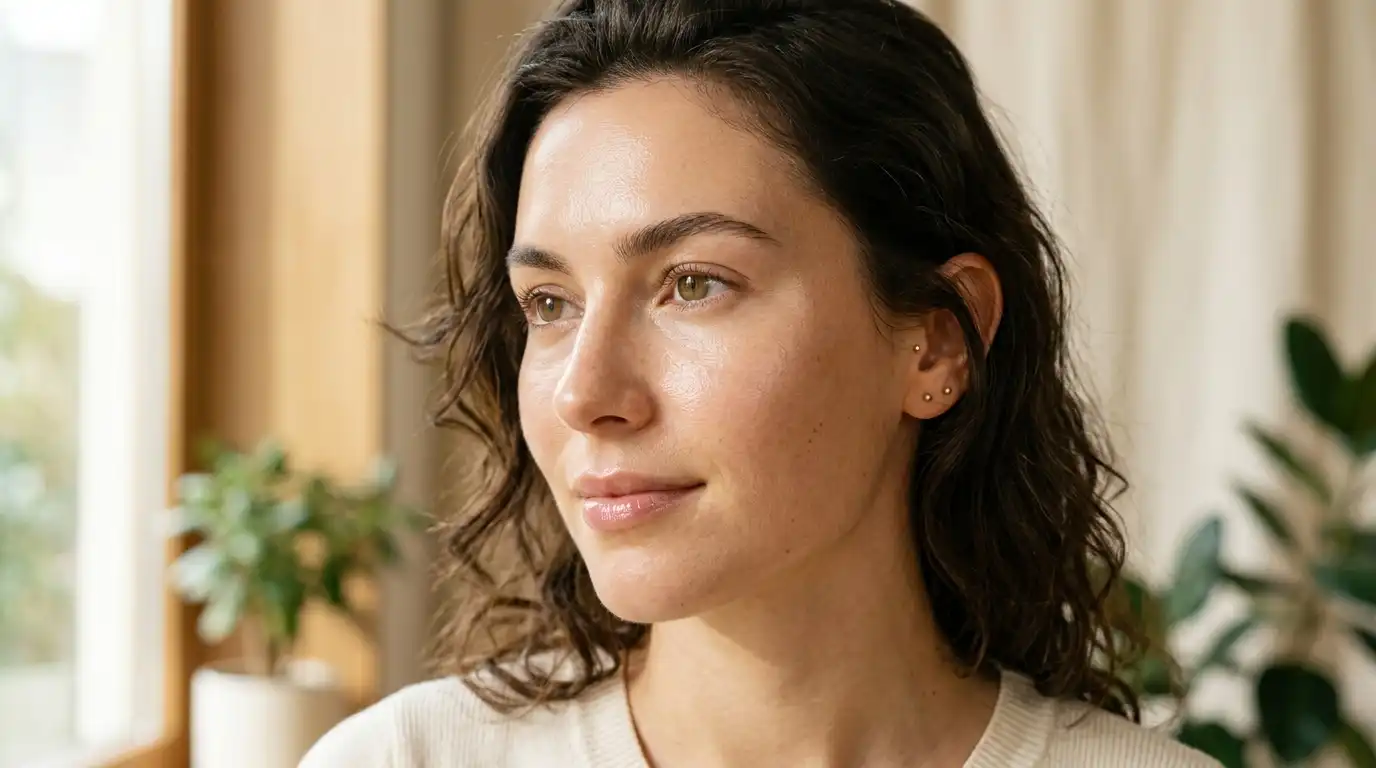 Close-up of a woman with radiant and smooth skin texture glowing naturally.