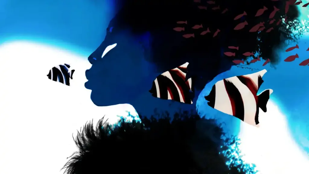 A silhouette of a person with afro-textured hair faces left, surrounded by abstract aquatic elements reminiscent of a Pisces horoscope, including fish and coral. The design features bold colors like blue, black, and white, creating a striking visual contrast.