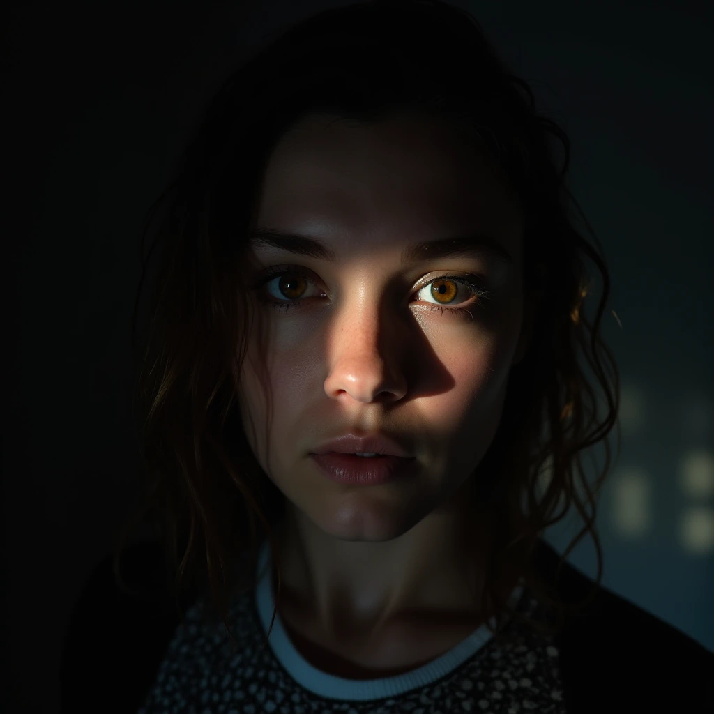 A mysterious-looking person with hazel eyes, surrounded by soft lighting to enhance the eye color.]