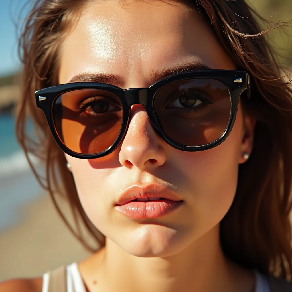 A person with hazel eyes squinting in bright sunlight, wearing sunglasses.]