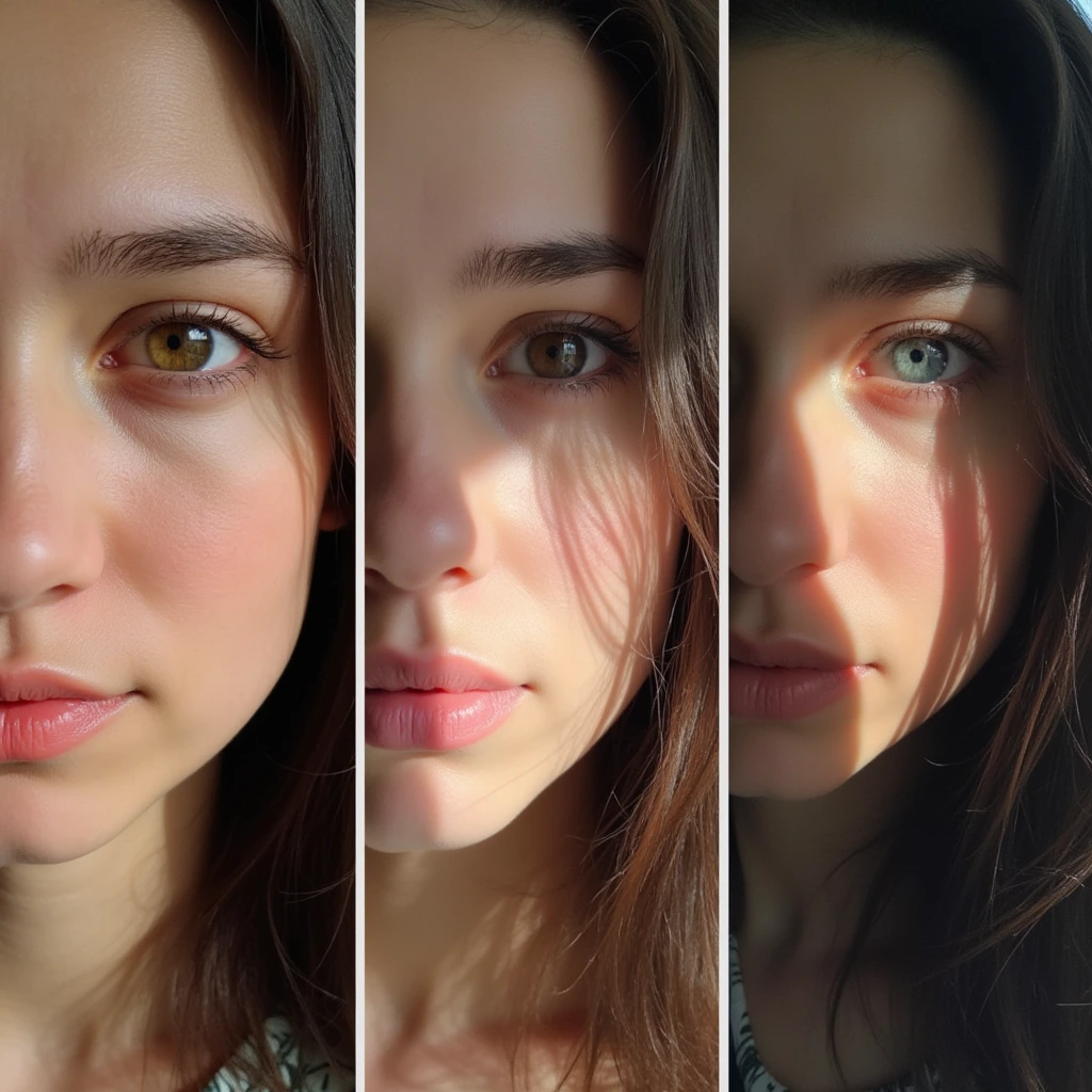 A series of three photos showing the same person with hazel eyes in different lighting—one in bright sunlight, one in dim light, and one with artificial lighting.]