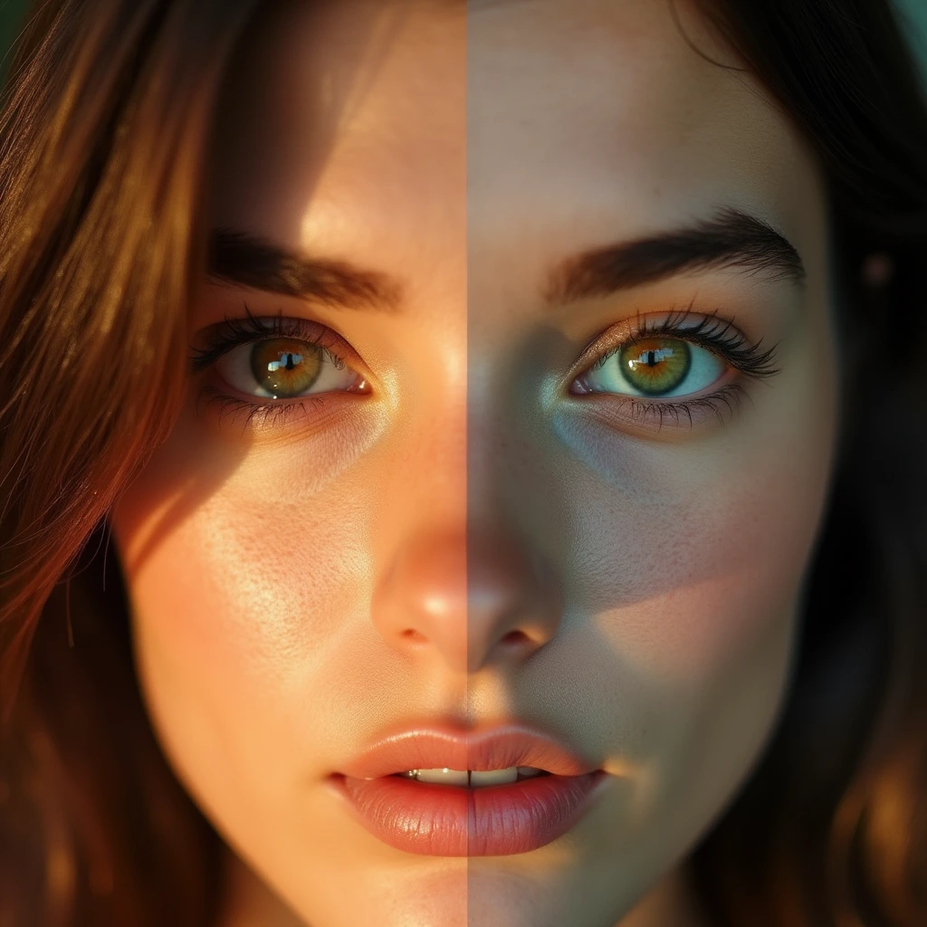 A split-screen image—on one side, a person with hazel eyes in warm lighting (golden tones), and on the other side, the same eyes in cool lighting (greenish tones).]