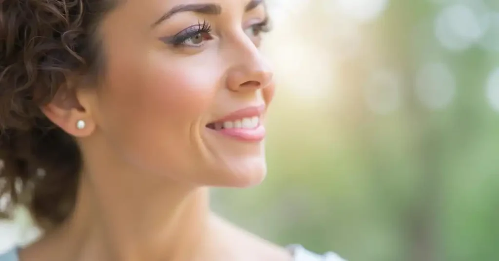 A close-up portrait of a woman's lower face, showcasing a dramatic reduction in jowls and a tightened, youthful jawline. The lighting is soft, diffused, and flattering, highlighting the natural contours of the face. The camera angle is slightly angled upwards, creating a subtle yet defined chin and jawline. The background is hazy and out of focus, allowing the subject to be the focal point. The overall mood is one of confidence, radiance, and a sense of renewed youthfulness.