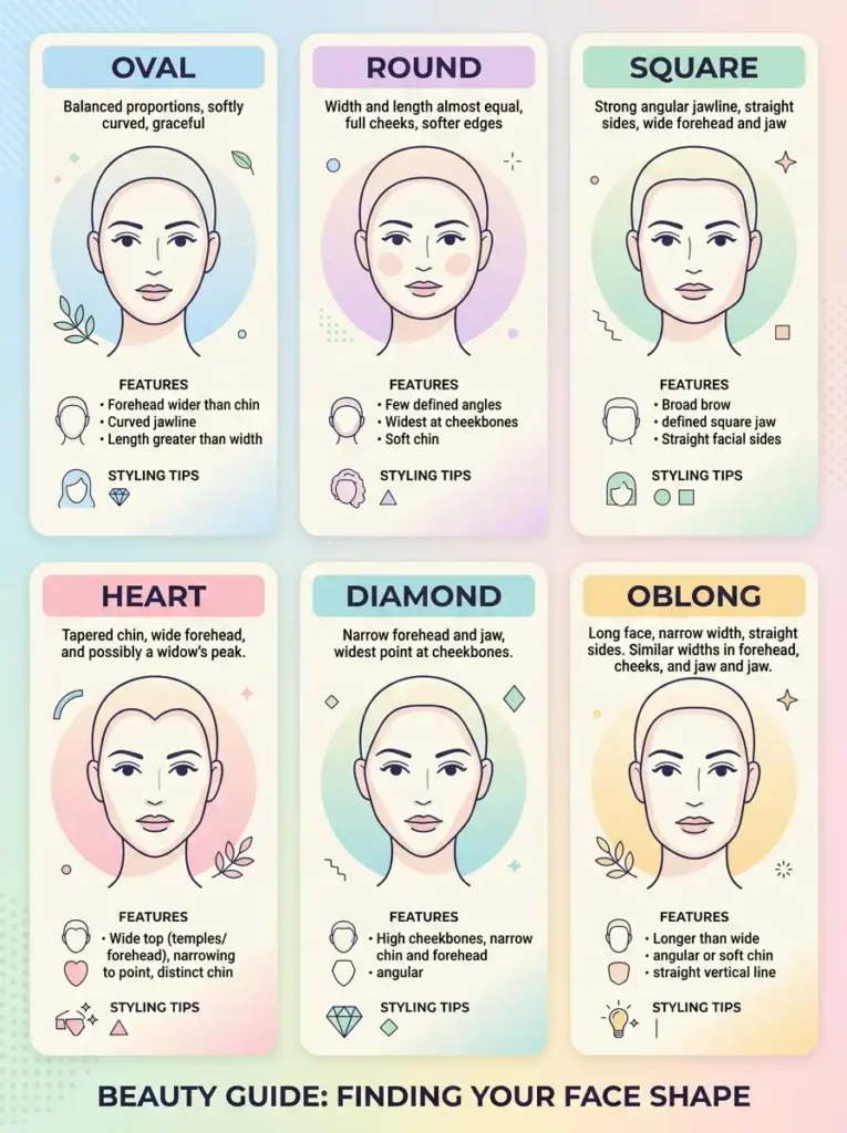 Chart of different face shapes including oval, round, square and heart
