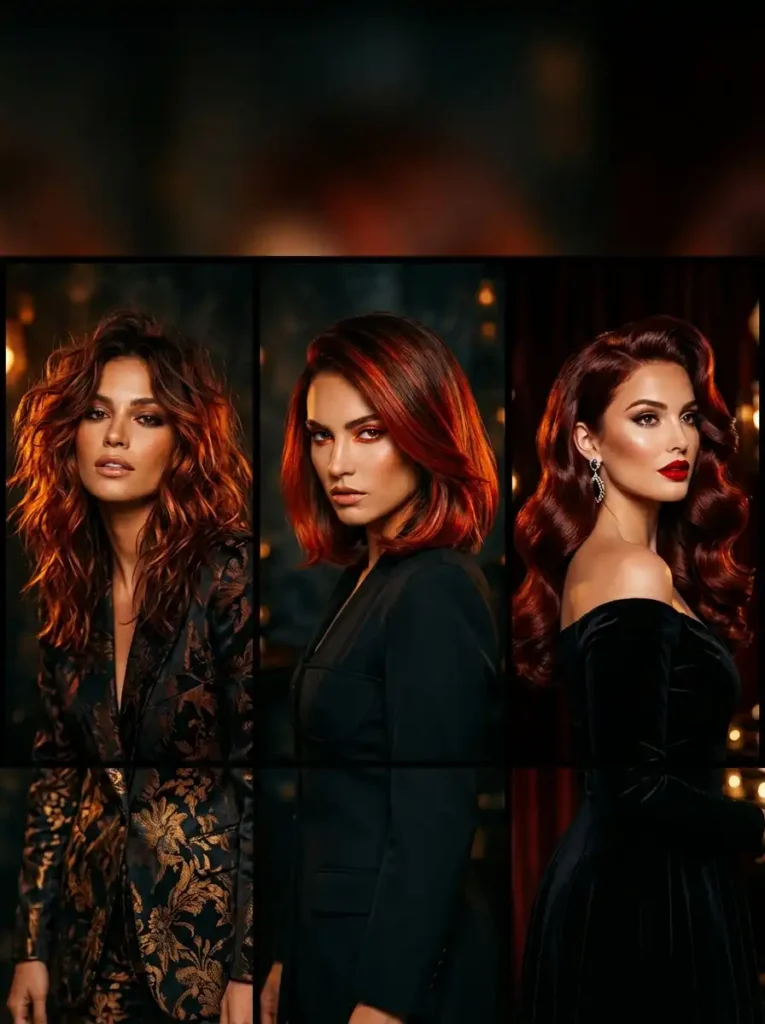 Bold brown hair with red highlights including spicy copper burnt orange and red velvet vibrant shades