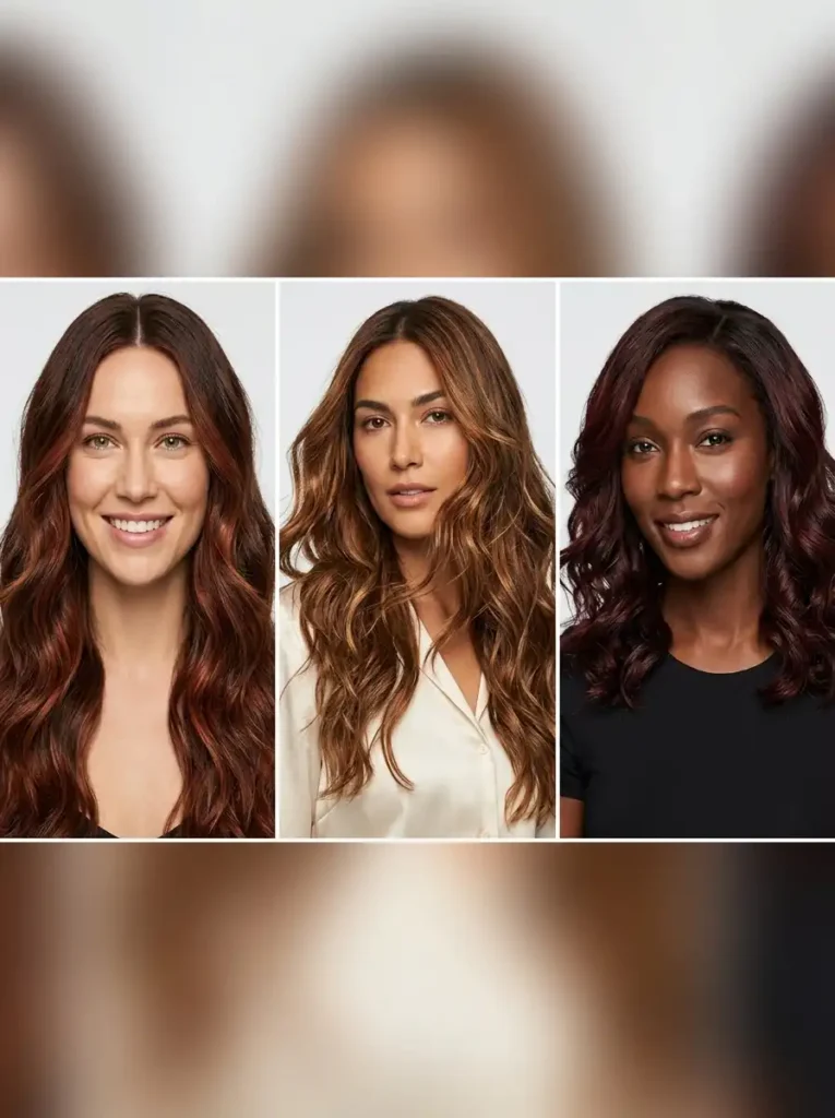 Medium intensity brown hair with red highlights including classic auburn strawberry brunette and cherry cola shades