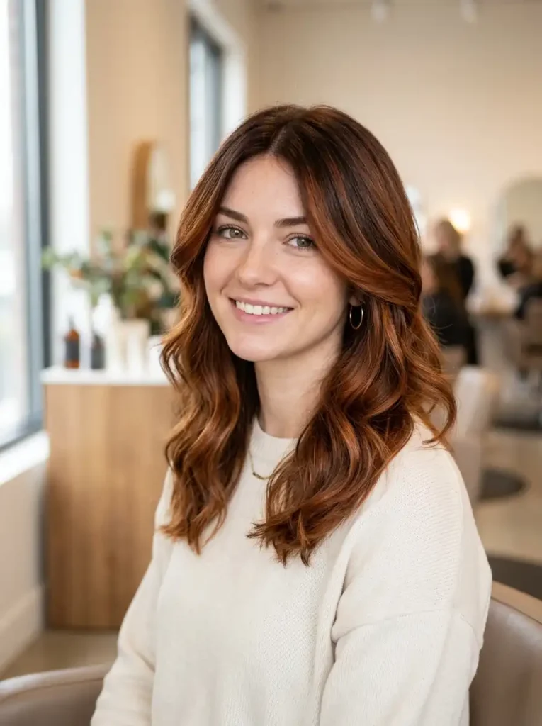 Cowboy copper balayage with brunette roots and copper red ends
