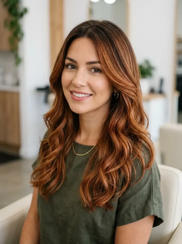 Cowboy copper hair on brunette hair with warm auburn tones