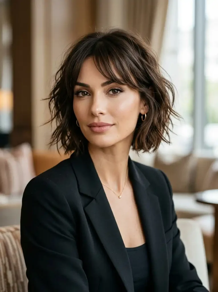Heart face shape with chin length bob and side bangs illustrating perfect shape with face styling tips