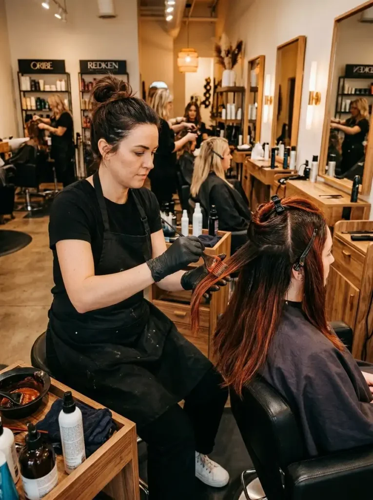 Professional colorist applying balayage technique for brown hair with red highlights showing hand-painted copper strokes on brunette base
