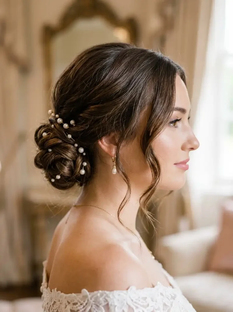 Loose chignon queen hairstyle with pearl hair pins