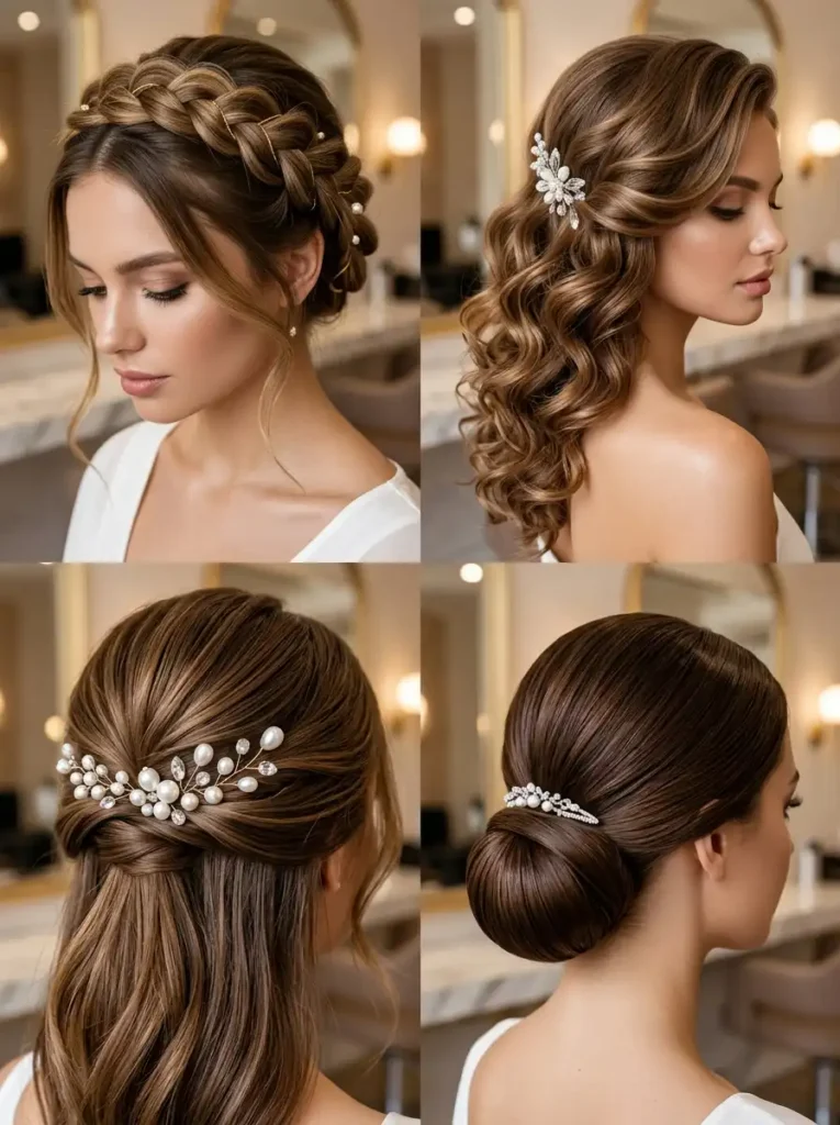 Regal queen hairstyles with braids, curls, pearl pins, and low bun
