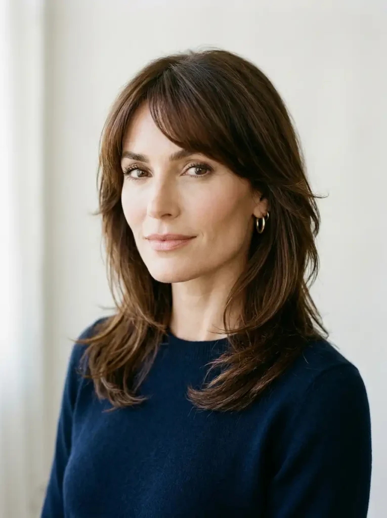Square face shape with soft side swept bangs showing how to choose the right shape with face hairstyle