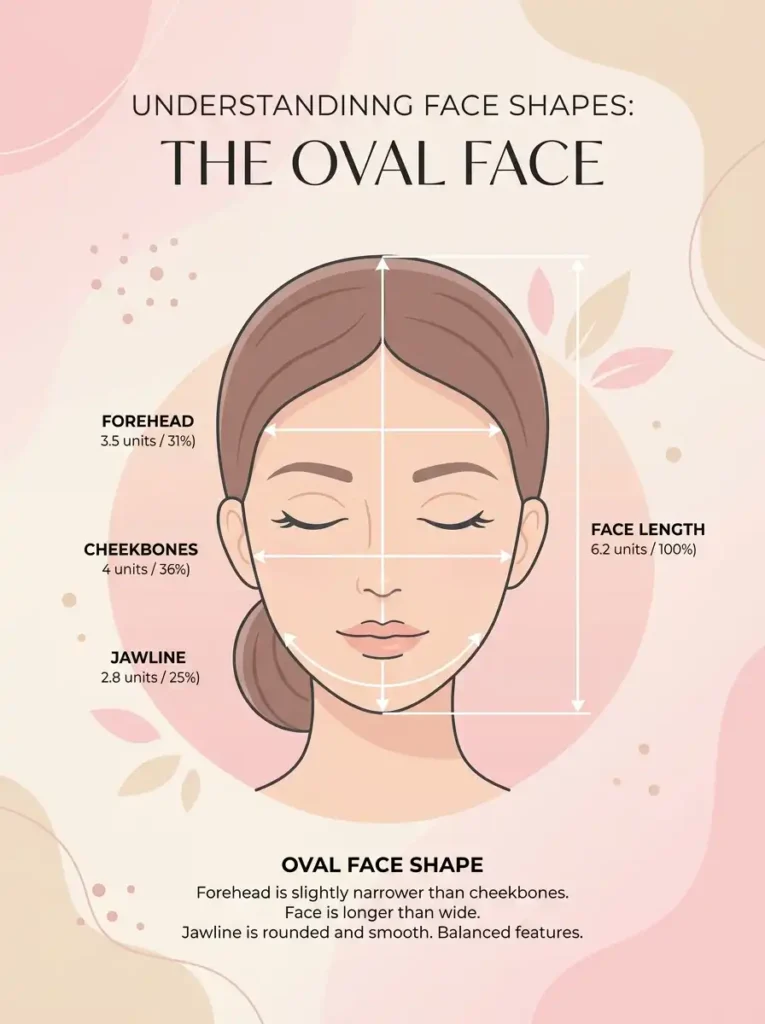 Oval face shape diagram showing forehead, cheekbones and jawline proportions
