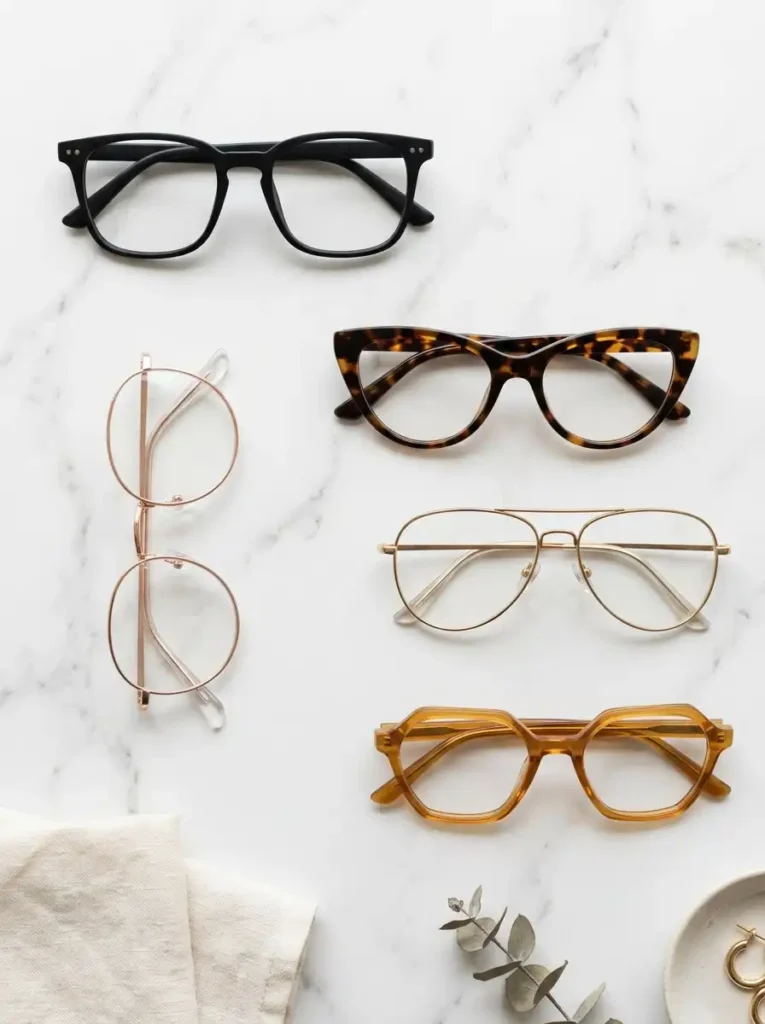 Guide to choosing glasses by face shape showing square round cat eye and aviator frames for optimal shape with face match