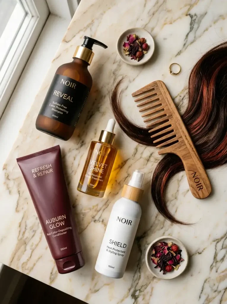 Hair care products for maintaining brown hair with red highlights including sulfate-free shampoo color-depositing conditioner and gloss treatment