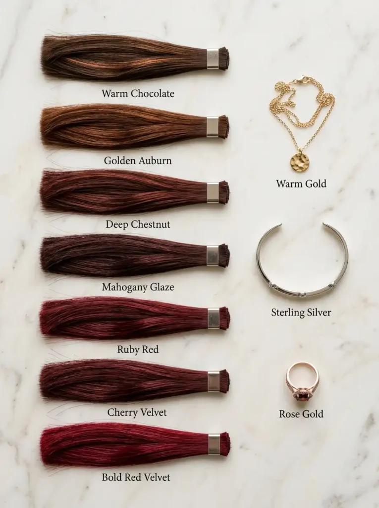 Brown hair with red highlights color palette swatches from warm chocolate to red velvet arranged with gold and silver jewelry for skin tone matching