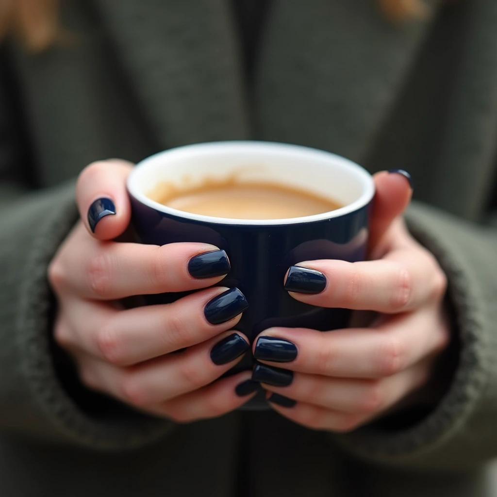  [Insert an image of glossy navy blue nails, with hands holding a coffee cup for an aesthetic touch]