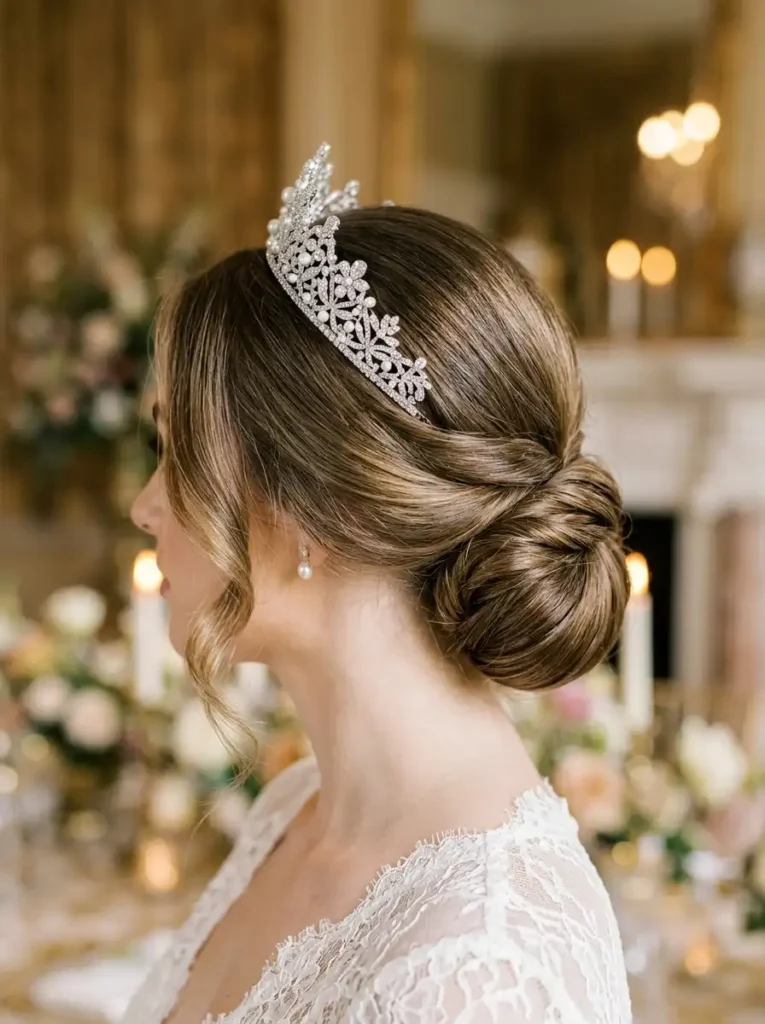 Low bun with tiara queen hairstyle for formal events