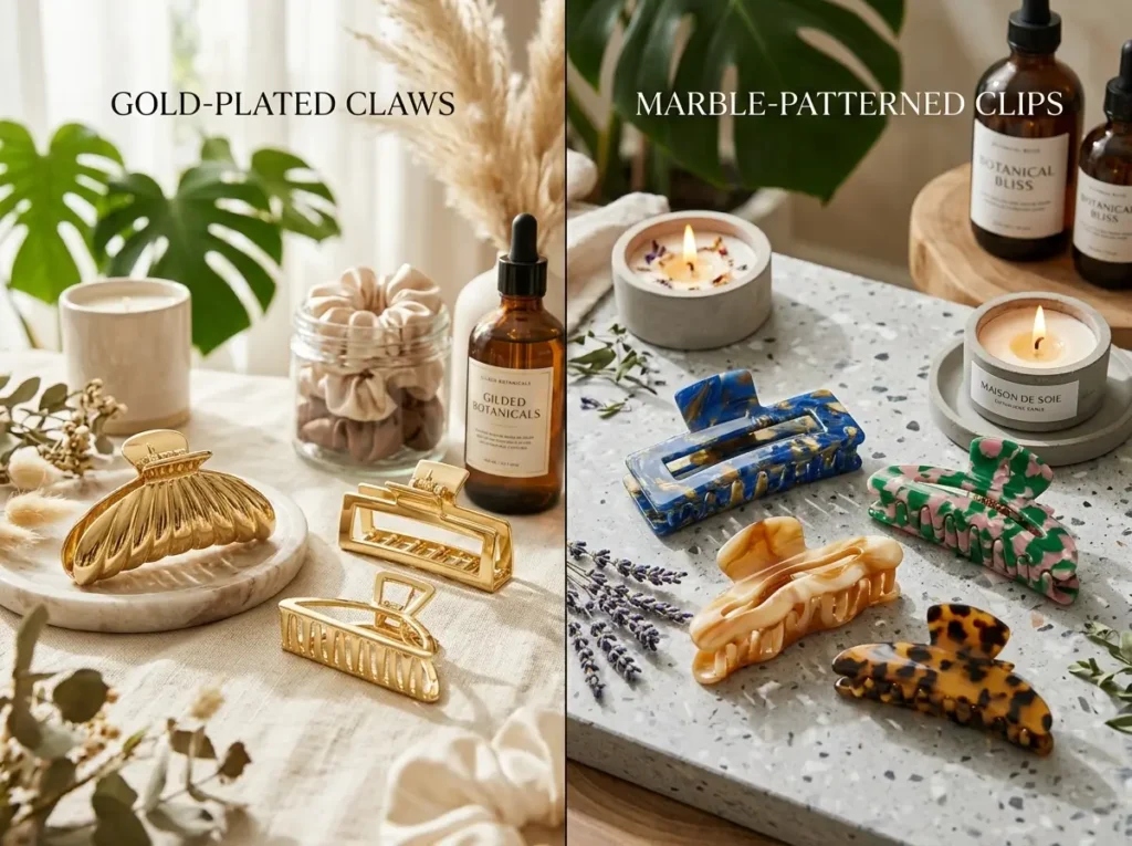 A collection of luxury gold and marble patterned claw clips and hair clips.