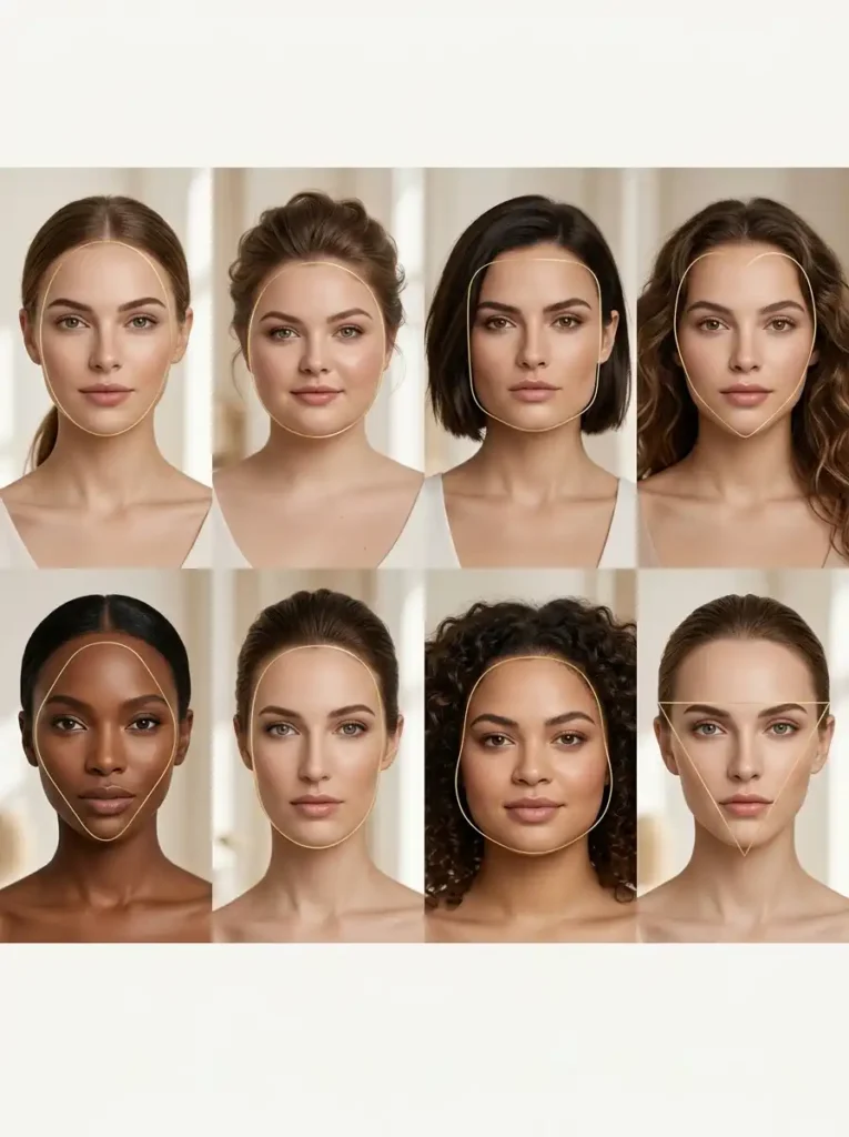 Complete chart of all 8 face shapes showing oval round square heart diamond oblong pear and inverted triangle types