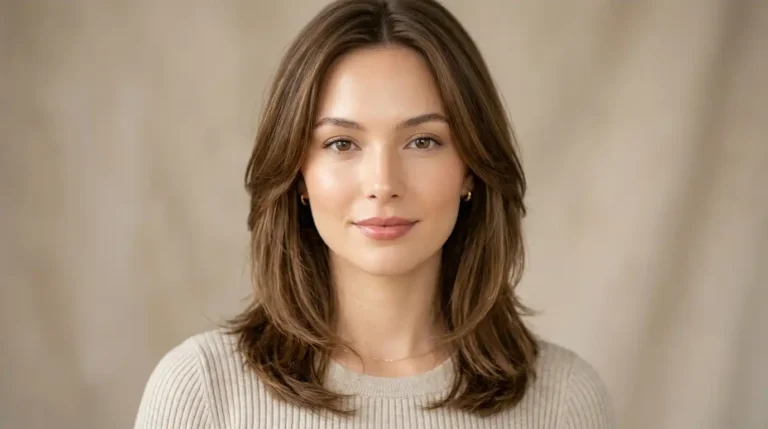 Woman with an oval face shape and soft layered hairstyle