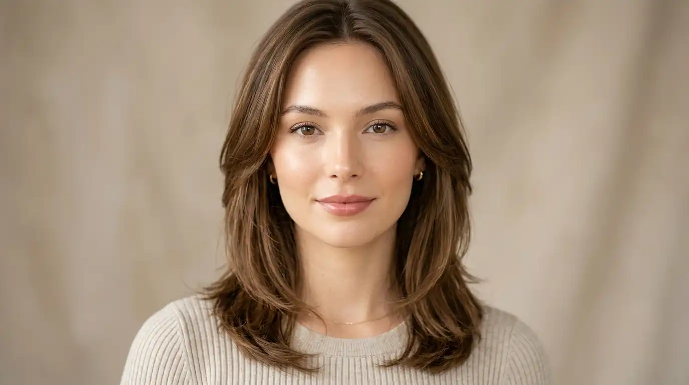 Woman with an oval face shape and soft layered hairstyle