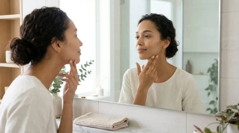 Woman measuring her face shape in mirror to find the perfect shape with face balance for hairstyles