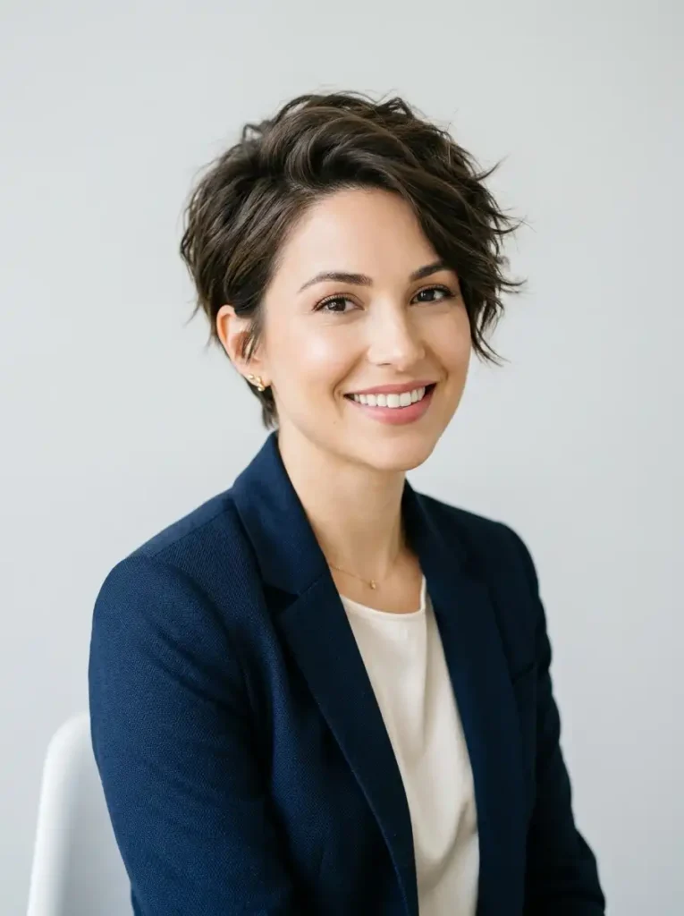Oval face shape with a short textured pixie haircut
