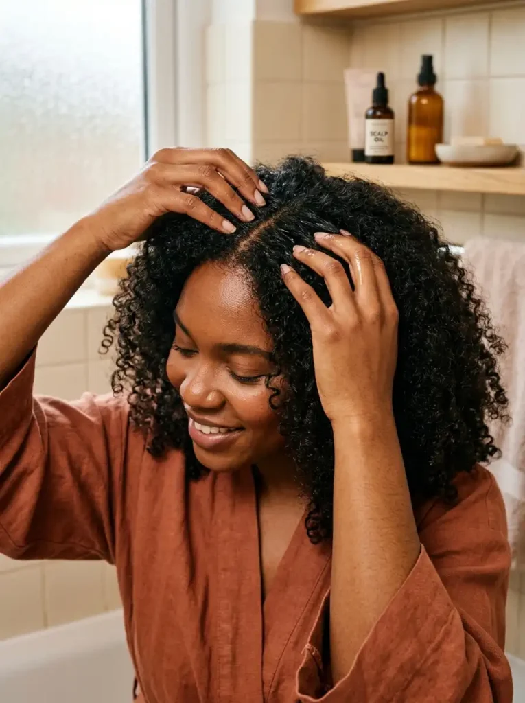 How to use batana oil — woman applying pure batana oil to scalp with fingertip massage