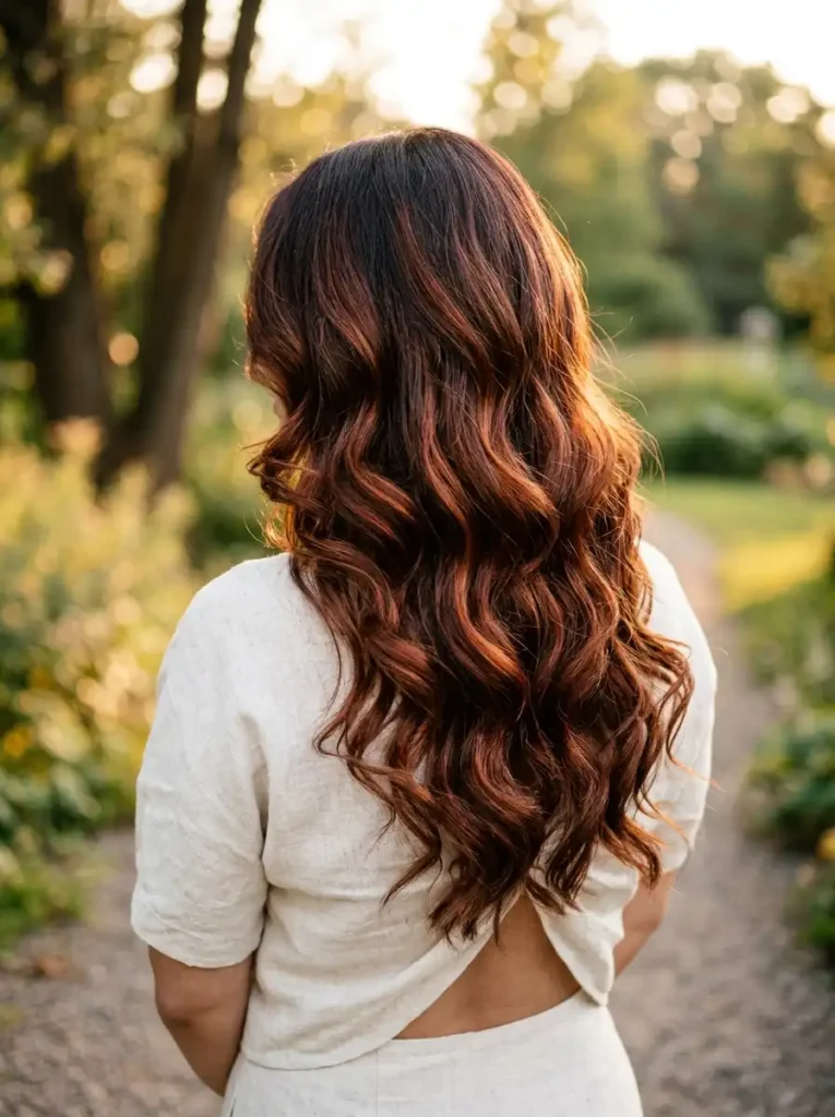 Stunning brown hair with red highlights cascading in voluminous waves showing dimension from dark brunette roots to glowing copper auburn lengths