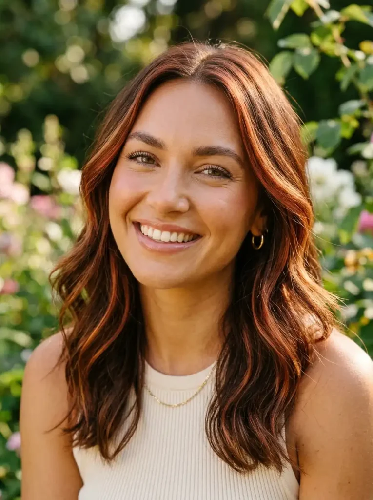 Close-up of brown hair with red highlights showing warm copper tones in natural sunlight for flattering skin tone match