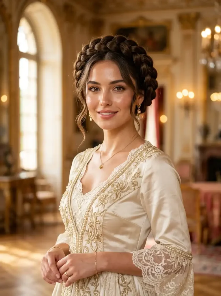 Crown braid queen hairstyle with soft face-framing pieces