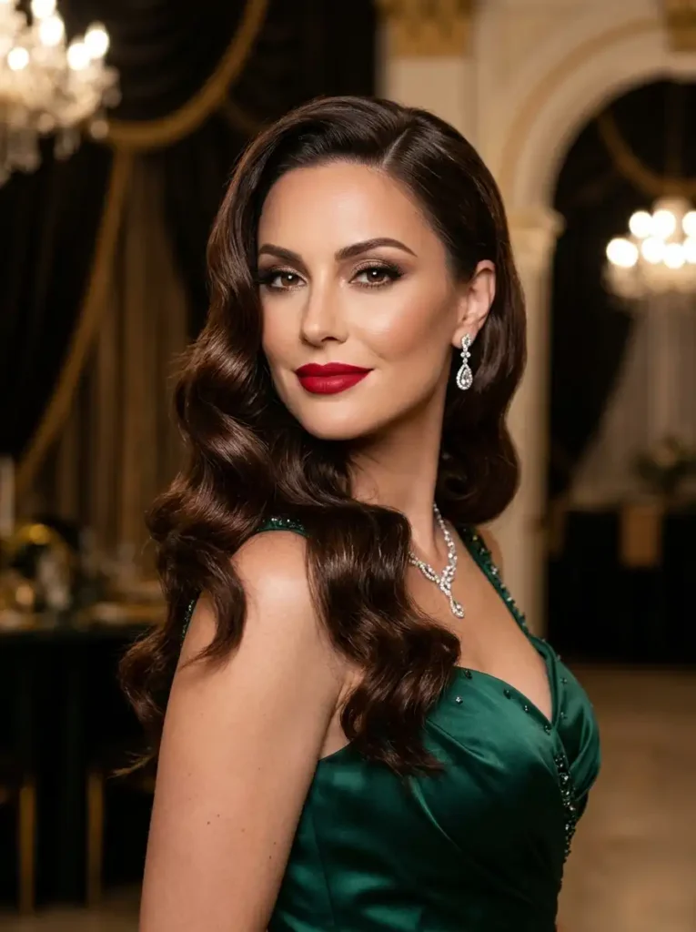 Hollywood glam waves queen hairstyle with deep side part