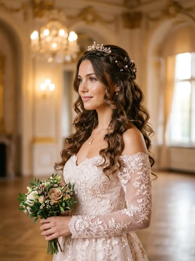 Half-up crown queen hairstyle with soft curls and small tiara