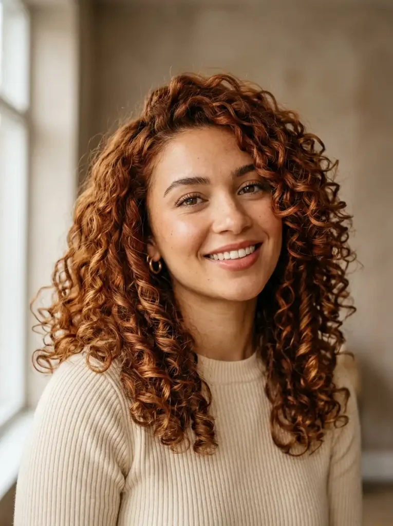 Short cowboy copper bob haircut with warm auburn tones