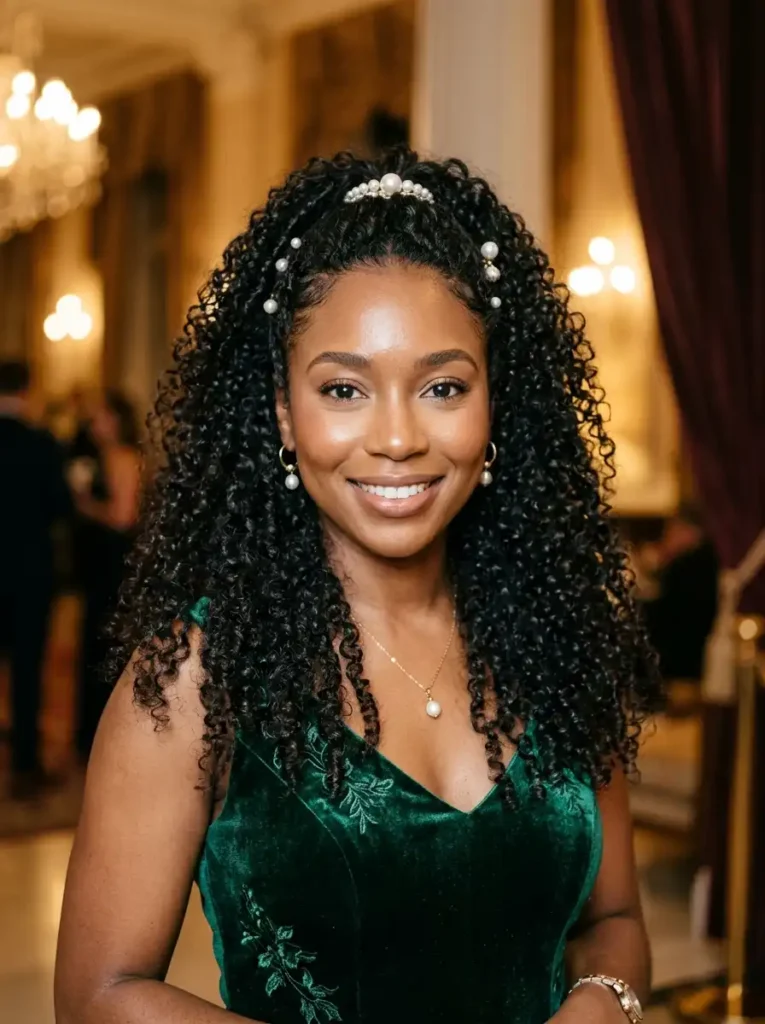 Curly queen hairstyle with half-up curls and pearl pins