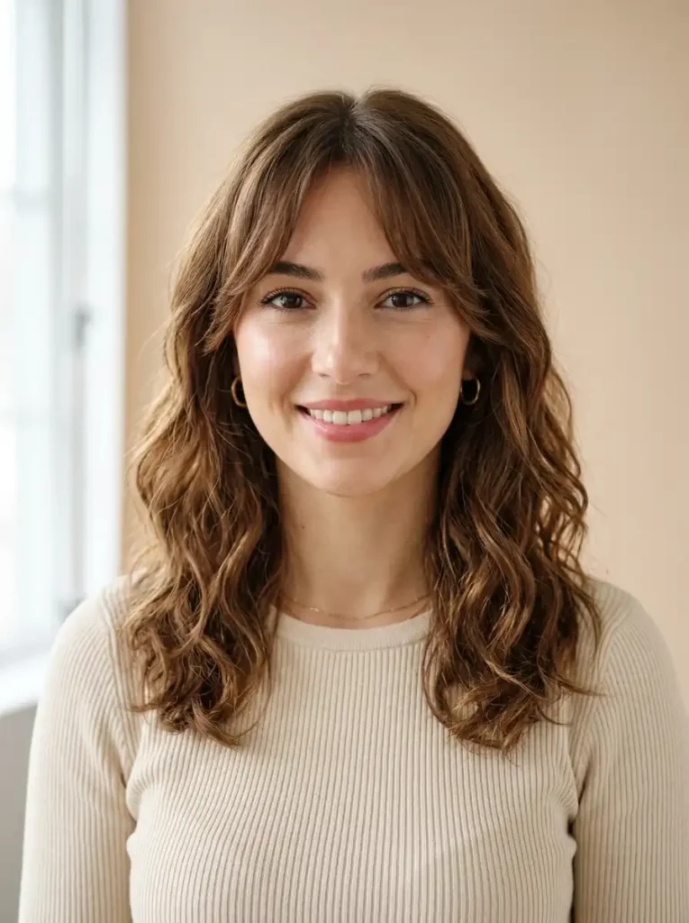 Oval face shape with soft curtain bangs framing the face
